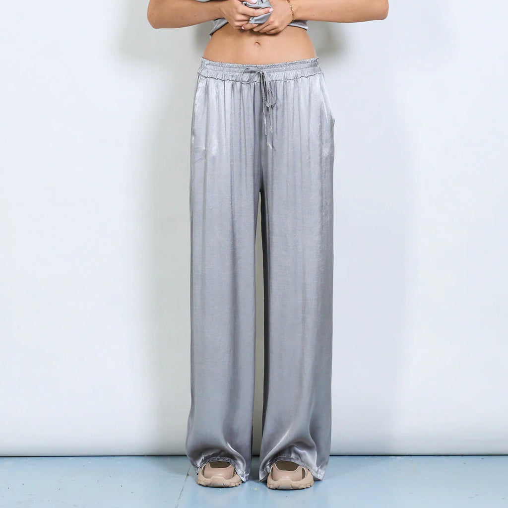 Wide Leg Satin Pants Silver
