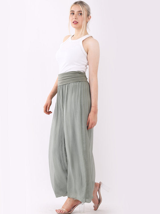 Wide Leg Silk Pants Khaki
