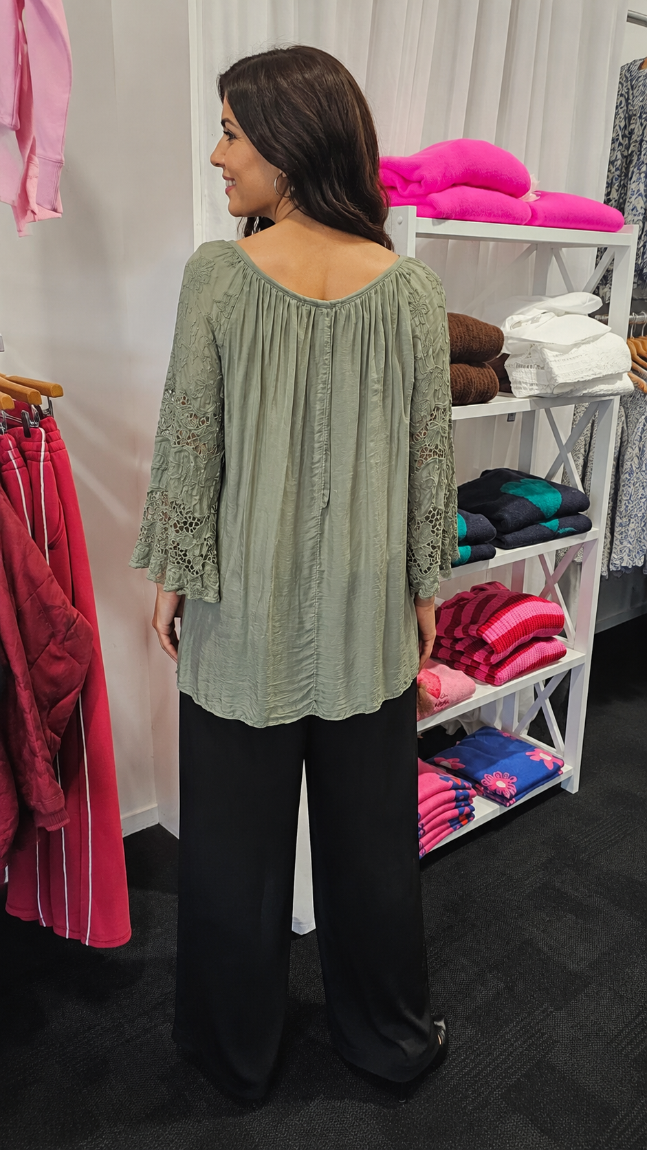 Silk/Lace Embroidery Top Khaki